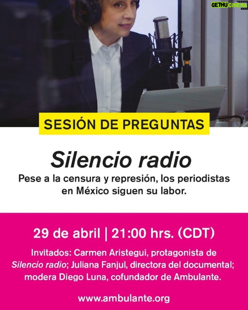 Diego Luna Instagram - ‪Esta noche, a las 9pm moderaré una platica sobre el documental de Juliana Fanjul: Silencio Radio. Estará presente su directora y la admirada Carmen Aristegui.‬ ‪Entren a la página ambulante.org o a las redes de @Ambulante para acompañarnos en vivo. #AmbulanteGiraContigo ‬