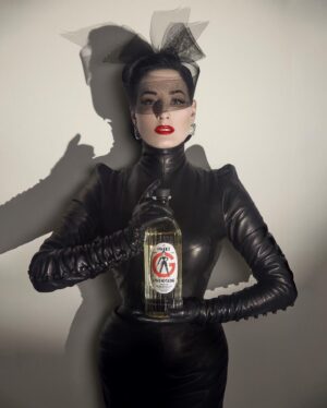 Dita Von Teese Instagram - Presenting @sweetgwendolinefrenchgin ✨🍸✨ Distilled in France and bottled in New Orleans, it’s infused with 7 botanicals, including fig, and finished with #French white wine. 
#SweetGwendoline #gin is available for online purchase in 28 U.S. states   the District of Columbia: teese.us/sweetg

📷 @sanchezzalba 
Dress @lenahoschek 
#Glamonatrix veil @hood_london