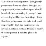 Dylan Mulvaney Instagram – Starting 2024 with a new passport and an essay I wrote for @portermagazine on my pledge to stop people pleasing. Here’s to ease through tsa and the year ahead ❣️✈️ essay link in bio !