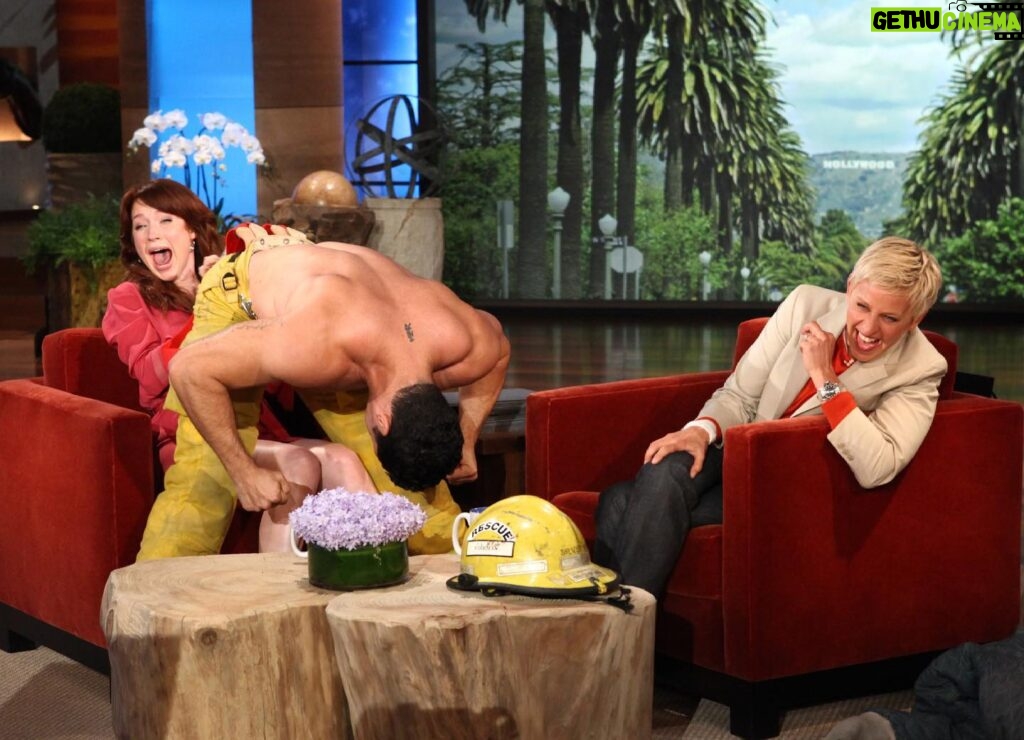 Ellie Kemper Instagram - They say that all great friendships begin when a person hires a fireman to dance on your lap. Here is no exception. Today is my 20TH TIME on @theellenshow and every time has been a joy. Thank you for having me, Ellen! ❤️👩‍🚒🕺❤️