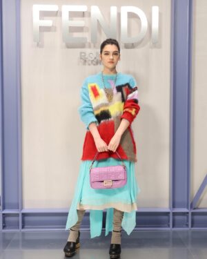 Emily Carey Instagram - thank you @fendi for having me and congratulations @mrkimjones @silviaventurinifendi on the spectacular show 💙💛💜❤️

hair by @bentalbott 
makeup by @emilychengmakeup 
nails by @chiaraballisainails 
photos by @bruinjustin for @wmag