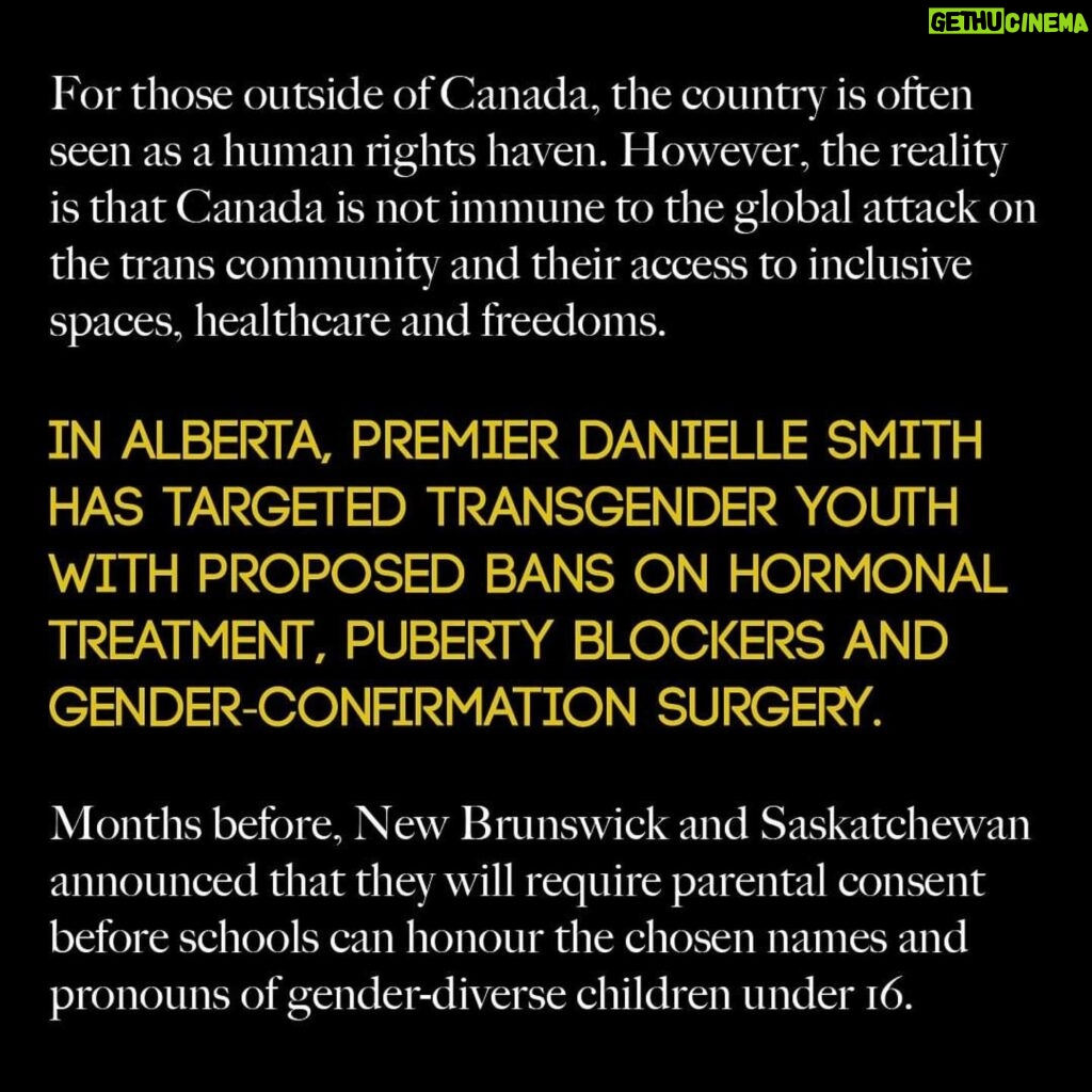 Emily Hampshire Instagram - Today on #TransgenderDayofVisibility, the @teganandsarafoundation announces an Open Letter: Artists Against Anti-Trans Legislation in Canada. For those outside of Canada, the country is often seen as a human rights haven. However, the reality is that Canada is not immune to the global attack on the trans community and their access to inclusive spaces, healthcare and freedoms.   More than 400 artists living in or hailing from Canada signed this letter to draw attention to the concerning rise of anti-trans legislation in the country, including proposed bans on inclusive healthcare for trans youth in Alberta, and infringement on the freedoms of gender-diverse youth to use their chosen names and pronouns at school without parental consent in New Brunswick and Saskatchewan.   The anti-trans policies taking root in Canada go beyond discrimination - they present a clear risk to the mental and physical well-being of trans individuals throughout the country. The undersigned artists stand against these alarming and destructive policies, and call on our communities and local and national policymakers to put a stop to this concerning surge in anti-trans policy.   Read the full letter and view all signatures at teganandsarafoundation.org/open-letter or the link in our bio.