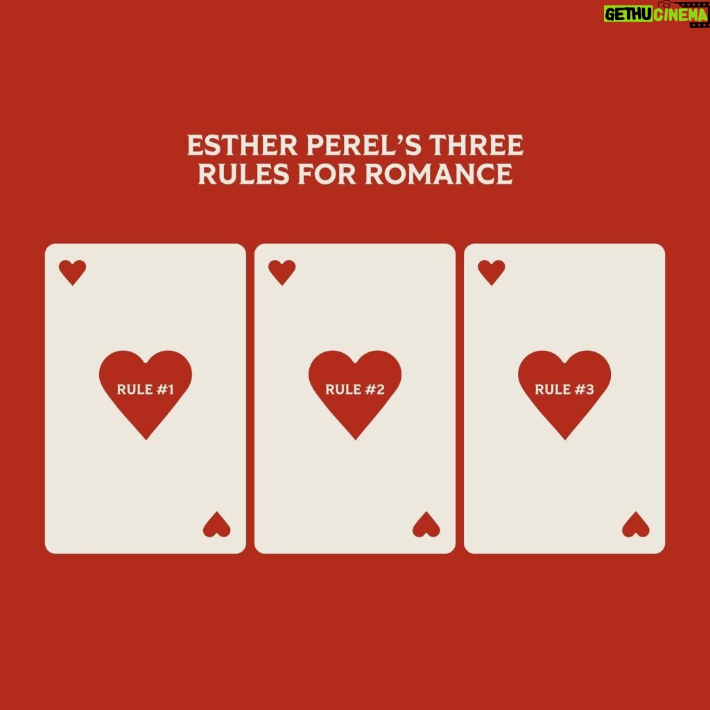 Esther Perel Instagram - This Valentine’s week, @estherperelofficial shared 3 romance rules to help you step up your game with your partner and play your cards right. If you love Esther Perel as much as we do, we’ve got exciting news...she’s going on a US tour! This tour-slash-immersive event will feature gameplay with the audience and discussions as she sheds light on the future of relationships, love, and desire - starting April 4th! Click the link in our bio to learn more about her upcoming tour, rules of romance, and new card game!