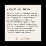 Esther Perel Instagram – After Valentine’s Day, it’s tempting to compare our relationships to everyone else’s, but love is not one-size-fits-all. Celebrate your unique journey, regardless of how it measures up to others. 

Swipe for five methods on how to put the blinders up and focus in on you and your partner. For the full @cosmopolitan article, visit the link in my bio.