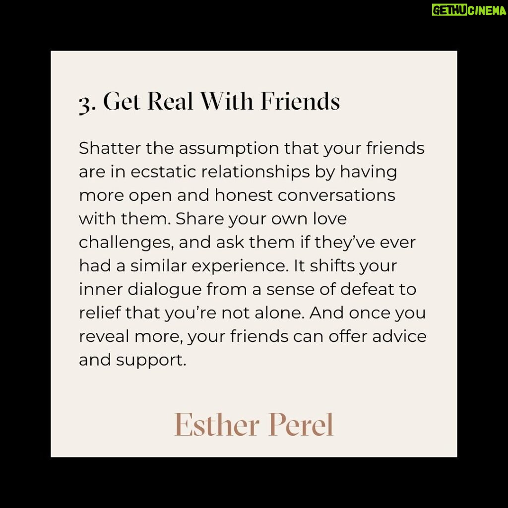 Esther Perel Instagram - After Valentine’s Day, it’s tempting to compare our relationships to everyone else’s, but love is not one-size-fits-all. Celebrate your unique journey, regardless of how it measures up to others. Swipe for five methods on how to put the blinders up and focus in on you and your partner. For the full @cosmopolitan article, visit the link in my bio.