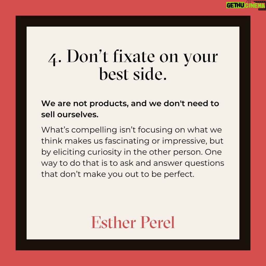 Esther Perel Instagram - Many first dates these days are like a job interview. It’s people asking each other common questions. It’s lifeless. It doesn’t elicit curiosity. I sat down with @insiderbusiness to share my tips on how to make a first date more fun. A date that gathers data is deadly. A date that evokes curiosity, discovery, serendipity, happenstance — that becomes interesting. Visit the link in my bio for 5 steps to transform your next first date.