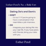 Esther Perel Instagram - "It’s a cardinal rule in therapy that practitioners aren’t supposed to tell their patients what to do or how to live. Instead, it’s their job to sagely guide them toward a new perspective." There are however rules I live by that act as guideposts and inspiration for creating deep connections, expressing myself freely, and having a bit of fun. Join me on @thecut as I explore Rules To Live By with writer Bindu Bansinath via the link in my bio.