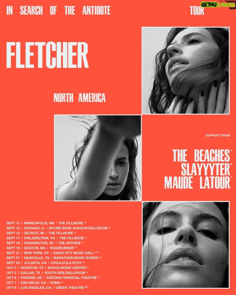 FLETCHER Instagram - US adding you to the roster for our global In Search Of The Antidote tour in 2024. so happy to be back on the stage and traveling across the country to see your faces singing back these songs. i have dreamt my entire life of playing some of these venues. i graduated at Radio City and used to live down the street from the Greek and have seen so many favorite artists there. little cari is bugging that fletcher will see you there in the fall. tickets on sale next friday march 22nd at 10am local time (same day the album drops ❤️‍🔥) if you want early access through the presale on tuesday, text ANTIDOTE to 732-605-5362