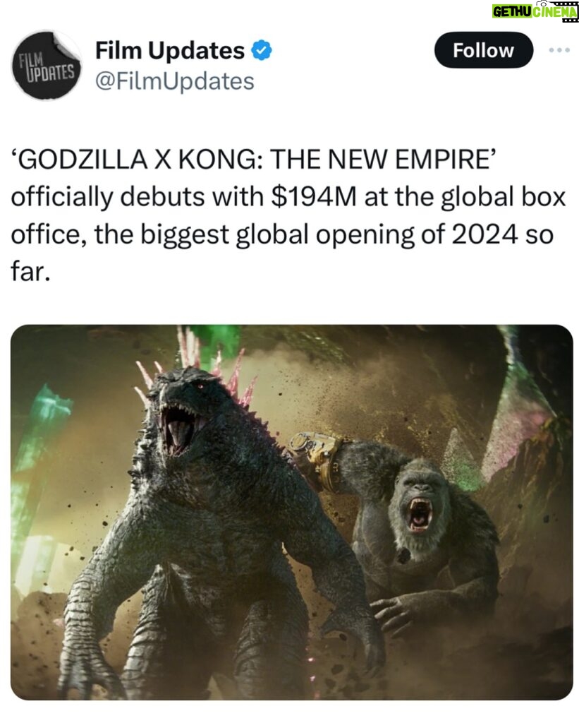 Fala Chen Instagram - $194M opening weekend!!! Biggest global opening in 2024!!! Yayyyyy ✌🏻#godzillaxkong