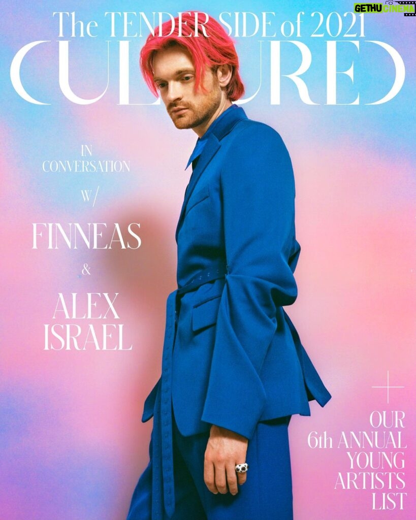 Finneas O'Connell Instagram - Cover of @cultured_mag    Interview by @alexisrael Photography by @davis.bates Styling by @jaredellner Grooming by @patriciamoralesla Editor In Chief @sarahgharrelson   Featuring “Sky Backdrop” and “Wave” acrylic art by @alexisrael