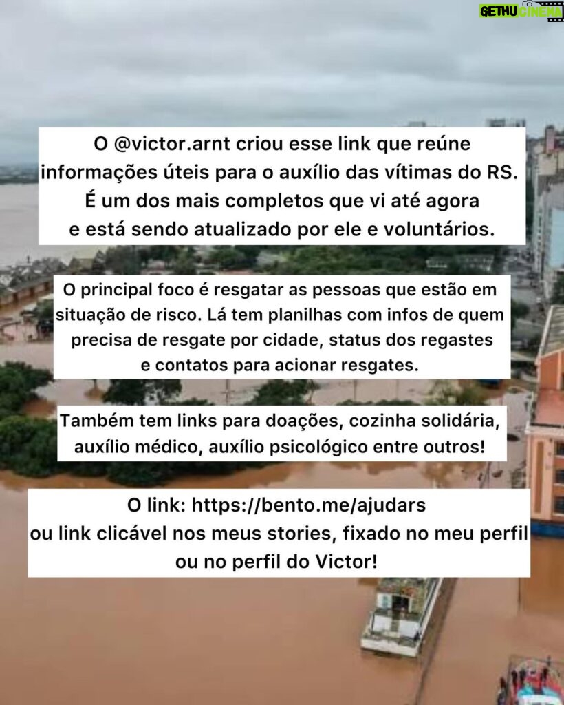 Foquinha Instagram - O @victor.arnt criou esse link que reúne informações úteis para o auxílio das vítimas do RS. Conversei com ele para entender melhor e é uma das plataformas mais completas que vi até agora e está sendo atualizado por ele e voluntários. O principal foco é resgatar pessoas que estão em situação de risco. Lá tem planilhas com infos de quem precisa de resgate por cidade, status dos regastes e contatos para acionar resgates. E para adicionar informações de pessoas que precisam de resgate ou qualquer outra info, podem mandar para ele por direct! Também tem links para doações, cozinha solidária, auxílio médico, auxílio psicológico entre outros! O link: https://bento.me/ajudars ou link clicável nos meus stories, fixado no meu perfil, ou no perfil do @victor.arnt Estou aqui de olho na minha direct para repostar mais infos importantes e poder auxiliar como eu puder! #AjudaRS