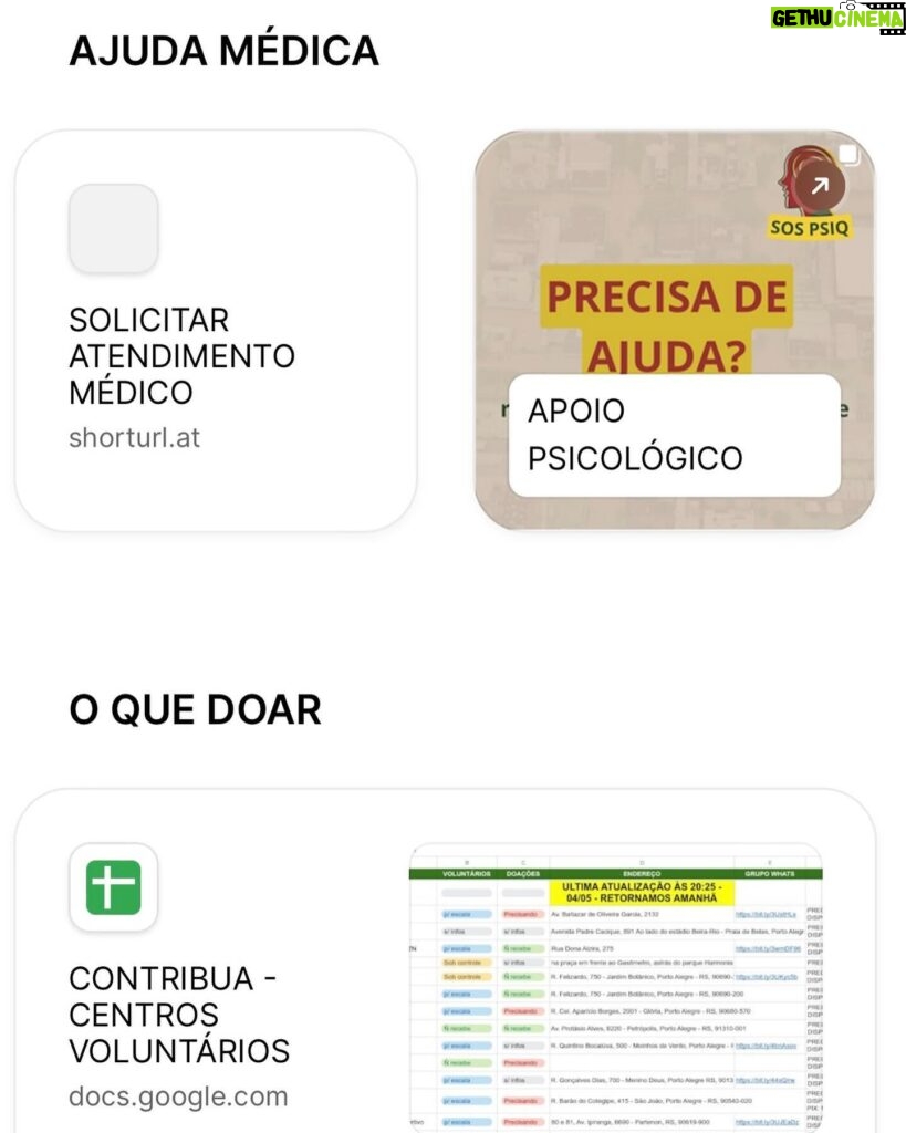 Foquinha Instagram - O @victor.arnt criou esse link que reúne informações úteis para o auxílio das vítimas do RS. Conversei com ele para entender melhor e é uma das plataformas mais completas que vi até agora e está sendo atualizado por ele e voluntários. O principal foco é resgatar pessoas que estão em situação de risco. Lá tem planilhas com infos de quem precisa de resgate por cidade, status dos regastes e contatos para acionar resgates. E para adicionar informações de pessoas que precisam de resgate ou qualquer outra info, podem mandar para ele por direct! Também tem links para doações, cozinha solidária, auxílio médico, auxílio psicológico entre outros! O link: https://bento.me/ajudars ou link clicável nos meus stories, fixado no meu perfil, ou no perfil do @victor.arnt Estou aqui de olho na minha direct para repostar mais infos importantes e poder auxiliar como eu puder! #AjudaRS