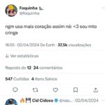 Foquinha Instagram – vem de aleatórias que essa semana foi tudo! De 1 a 10, qual representa sua semana? ❤️

1. Pov: seu crush te notou
2. uma ligação normal entre amigas
3. disfarçadah 
4. tô disponível 
5. verde lésbico
6. foto no espelho
7. filminho comfort pesquisar: 
8. eu no riodi
9. fofoca servida 
10. é cringe falar cringe </3