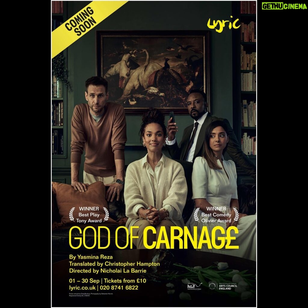 Freema Agyeman Instagram - There’s a storm comin’…🥀 First look poster! 🎭 Excited to be playing with Ariyon Bakare, Dinita Gohil and Martin Hutson in Yasmina Reza's #Olivier and #TonyAward winning comedy ‘God of Carnage’ @lyrichammersmith Directed by @nicholailabarrie This September! Tickets start from £10 ~ link in bio #GodOfCarnageLyric #CARNAGEISCOMING #Letthegamesbegin