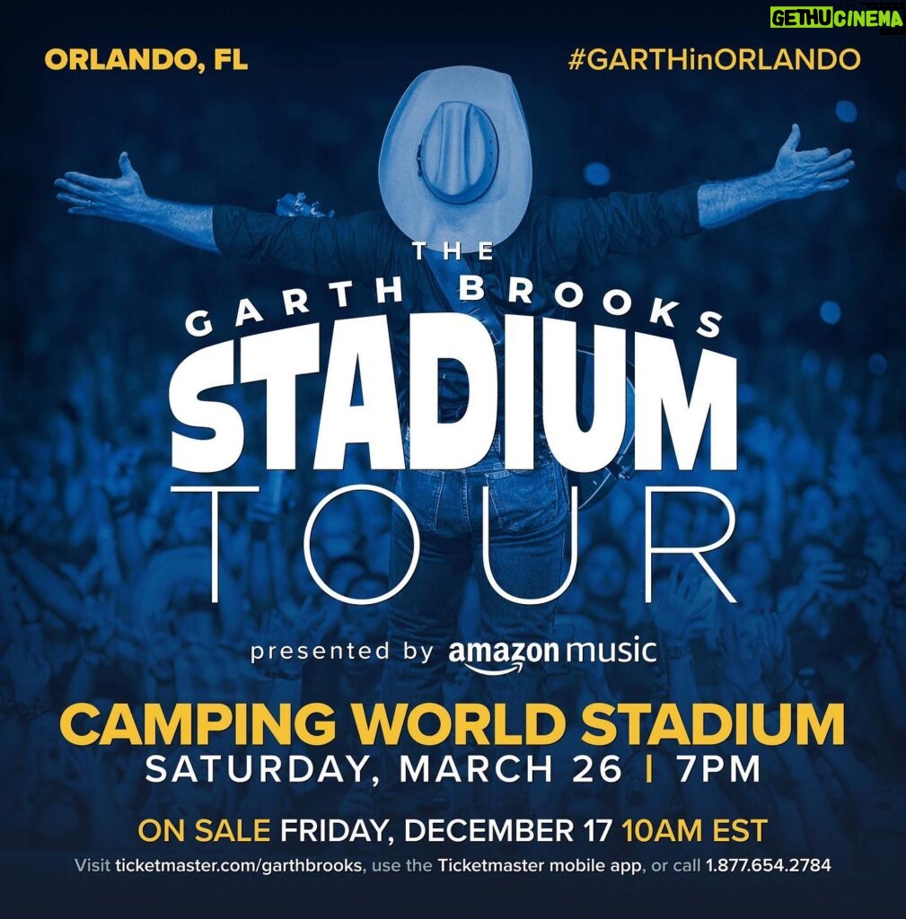 Garth Brooks Instagram - ANNOUNCING #GARTHinORLANDO! Tickets go ON SALE December 17th at 10am ET Ticketmaster.com/GarthBrooks. This will be the ONLY Stadium Tour appearance in the state of Florida. -Team Garth