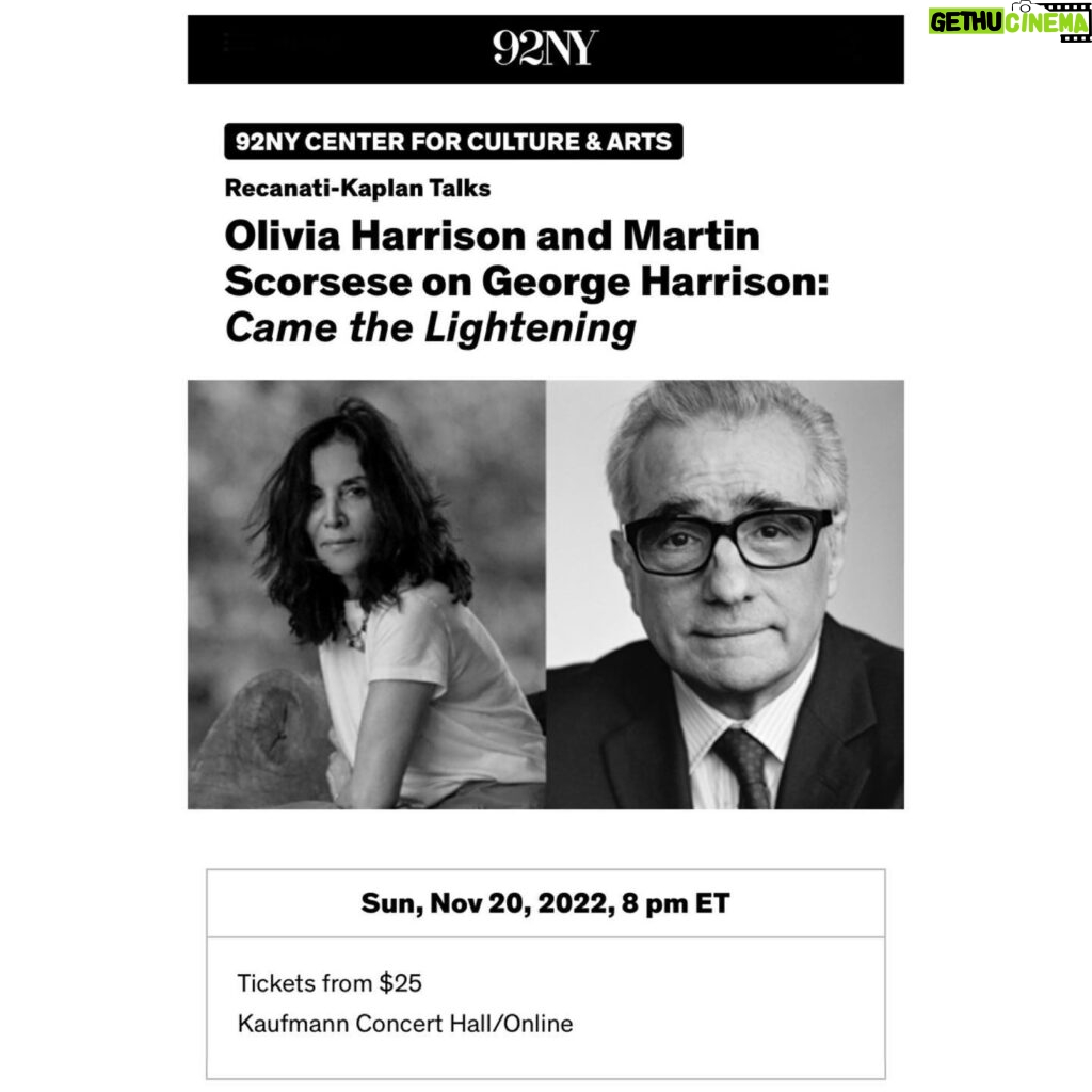 George Harrison Instagram - Olivia and Martin Scorsese discussing Olivia’s book of poetry; Came The Lightening, Twenty Poems for George. Live stream and in person. Sunday at 8pm ET. Go to www.92NY.Org for more info.