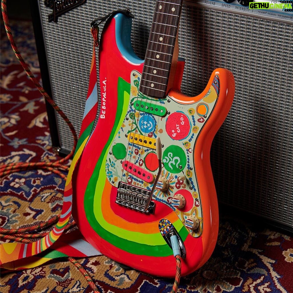 George Harrison Instagram - Rocky remains one of George’s most distinctive and beloved guitars. To honor the Day-Glo icon, @fender has lovingly replicated the 1961 original. In addition to carefully recreating Harrison’s brushstrokes, the George Harrison Rocky Stratocaster features a trio of vintage-style ‘60s Stratocaster pickups for a dynamic, crystalline tone and a Mid-‘60s “C”- shaped maple neck. Hear @rodneymullen as the voice of Rocky and head over to the link in bio to learn more.