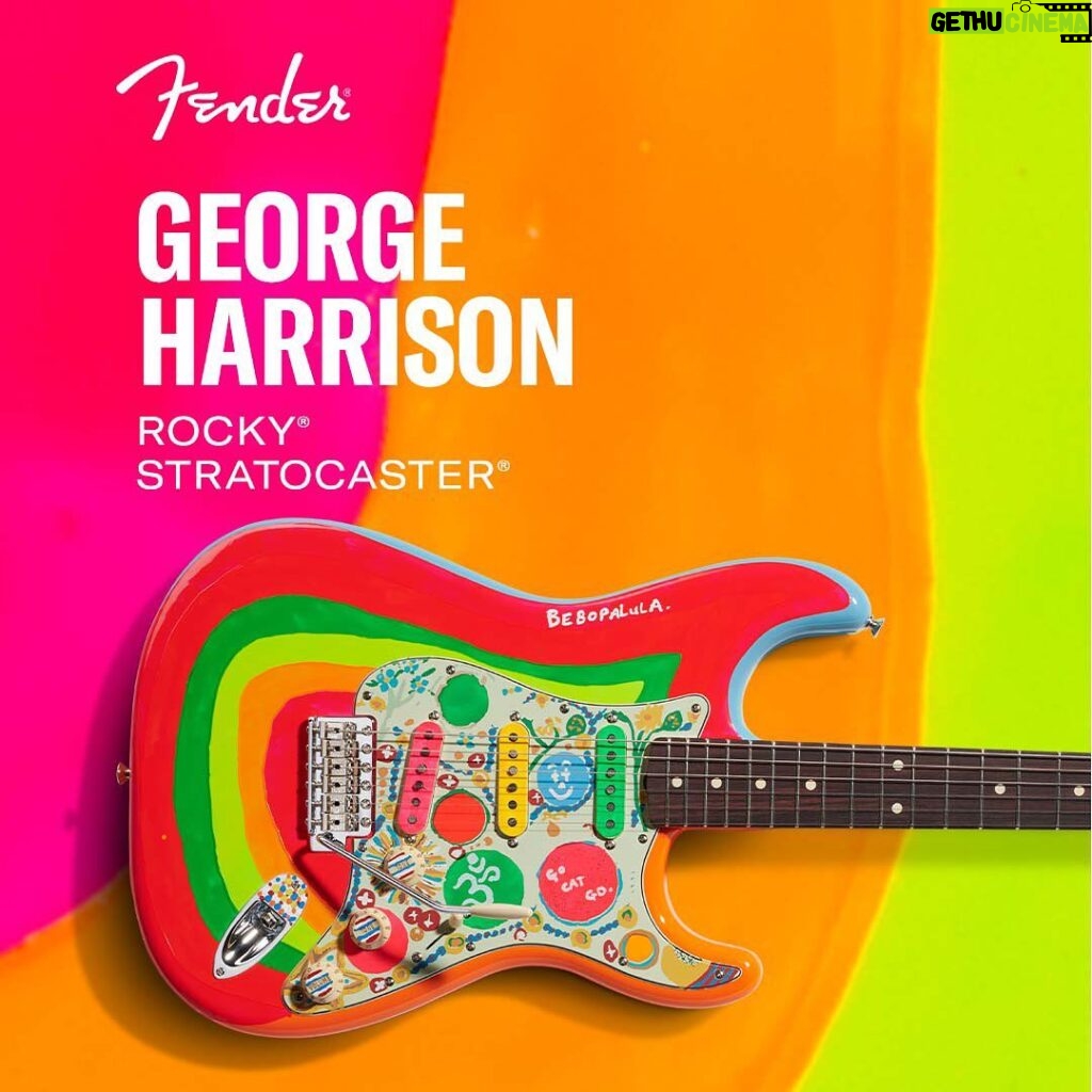 George Harrison Instagram - Rocky remains one of George’s most distinctive and beloved guitars. To honor the Day-Glo icon, @fender has lovingly replicated the 1961 original. In addition to carefully recreating Harrison’s brushstrokes, the George Harrison Rocky Stratocaster features a trio of vintage-style ‘60s Stratocaster pickups for a dynamic, crystalline tone and a Mid-‘60s “C”- shaped maple neck. Hear @rodneymullen as the voice of Rocky and head over to the link in bio to learn more.