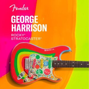 George Harrison Instagram - Rocky remains one of George’s most distinctive and beloved guitars. To honor the Day-Glo icon, @fender has lovingly replicated the 1961 original. In addition to carefully recreating Harrison’s brushstrokes, the George Harrison Rocky Stratocaster features a trio of vintage-style ‘60s Stratocaster pickups for a dynamic, crystalline tone and a Mid-‘60s “C”- shaped maple neck. Hear @rodneymullen as the voice of Rocky and head over to the link in bio to learn more.
