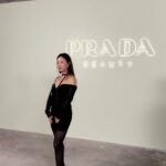 Gia Kim Instagram - Room full of beautiful people, but it’s the company that makes perfect 🥹💞 @pradabeauty 🤍 . . Reusing a dress I’ve worn for a birthday, the necklace I bought 10 years ago in university. Coat thrifted from Crossroads.