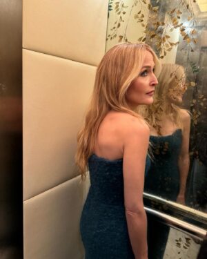 Gillian Anderson Instagram - What a Scoop 👀

Dress: @EmiliaWickstead
Styling: @marthaward 
Jewellery: @solangeazagury
Bag: @anyahindmarch
Shoes: @gianvitorossi
Hair: @jamesrowehair 
Make up: @amanda.grossman
