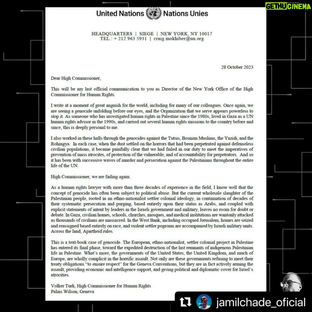 Giselle Itié Instagram - Diretor da ONU deixa o cargo e em uma carta reconhece genocídio em Gaza. Denuncia EUA, a ONU, a mídia comprada e o profundo fracasso da humanidade. repost do jornalista @jamilchade_oficial