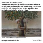 Giselle Itié Instagram – Neste ano que se inicia, vale que cada um olhe para o próprio coração e perceba que a compaixão e o trabalho feito em prol da P4lestin4, e também de toda humanidade e do planeta, volta para nós mesmos, que nos tornamos mais livres. 🕊️

Que o amor, o afeto e a coragem acompanhem a todos neste 2024. São os votos das Brigadas da Verdade e da Paz. ♥️✊🏾🇵🇸

Fonte: @mothercarejourney