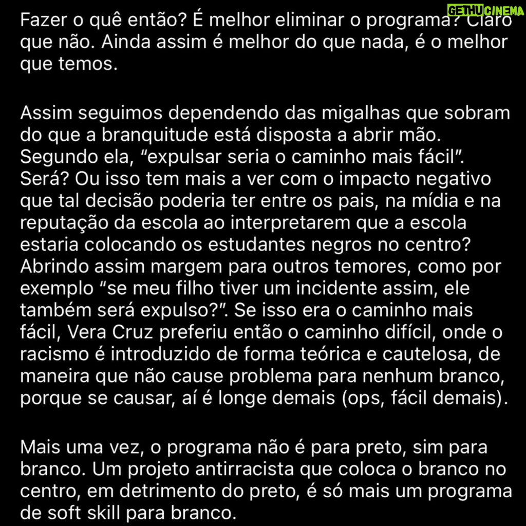 Giselle Itié Instagram - “… um projeto antirracista que coloca o branco no centro, em detrimento do preto, é só mais um programa de soft skill para branco.” PARABÉNS pelo projeto antirracista @escolaveracruz !