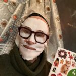 Glenn Close Instagram – What better time to slap on a facial mask than when addressing holiday cards and being profligate with stickers, while Pip rests with his French fries! Life goes on…thank goodness. There’s a bluebird sky today. LOVE TO ALL.