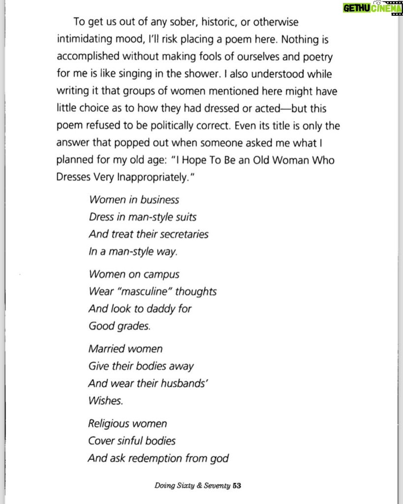 Gloria Steinem Instagram - On the 60th birthday of my dear friend @therealmariskahargitay I was reminded of this poem I wrote when I turned 60. Hoping it can be a source of inspiration (or at least laughter) for her and anyone making this decade!