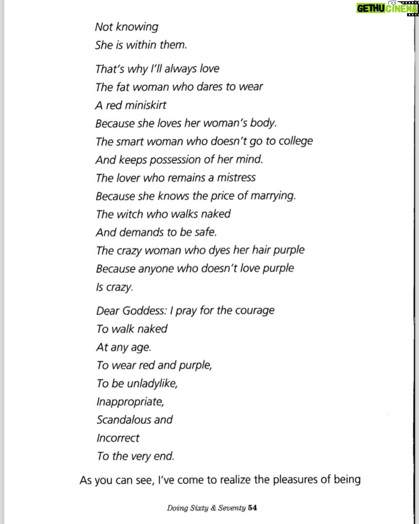 Gloria Steinem Instagram - On the 60th birthday of my dear friend @therealmariskahargitay I was reminded of this poem I wrote when I turned 60. Hoping it can be a source of inspiration (or at least laughter) for her and anyone making this decade!