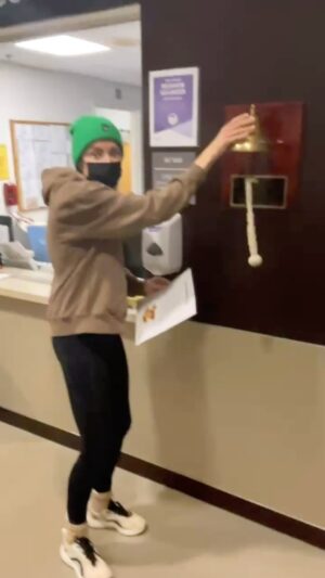 Grace Helbig Instagram - I rang the bell today!!! Radiation is finished! Though I didn’t know it came with a poem that you read out loud before you rang it. Which is an appropriate way to close out treatment since I didn’t know anything about breast cancer or chemo or radiation or this whole fever dream of an experience before it happened. And even getting to the “end” feels weird in a new way since this IS kinda what I know now. Go figure!

But here we are *waves chaotically* ringing a bell at the end of our radiation treatments. How amazing and also what the FUCK was that??? 🙃 This last year has been a swirl of contradictions….chaotic and inspiring, scary and encouraging, a clusterfuck and also an individual fuuuuuck. But, I’m really proud of myself. And so very thankful for the great family and friends and medical humans that helped so much. 

And I know I’ve said it a bunch already but thank you for all of your support. Wow, has it been more helpful than you might know. 🙏🏻

Now, onwards! I think. Right? Yes. What do you do when you’re finished with cancer treatment? Should I go to Disney? I already went to Cheesecake Factory for lunch and that was cool. Hmm. Much to think about. 

Anyway, great day. DING DONG.

The Good Luck Bell
Ring this bell
Three times well
Its toll to clearly say
My treatments are done
The course is run
And I am on my way