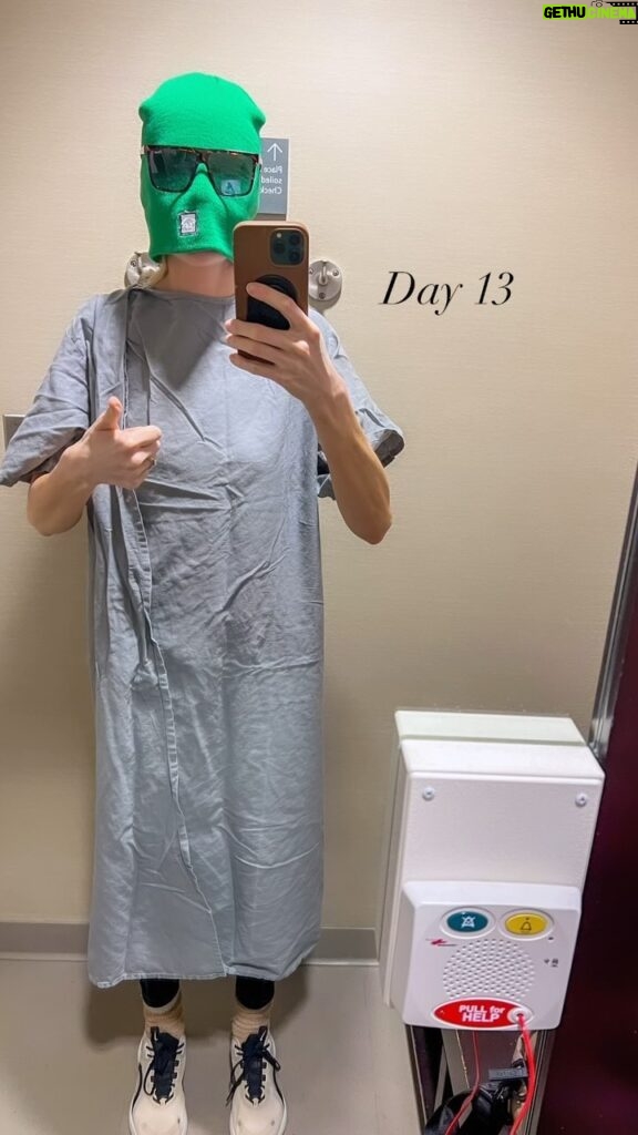 Grace Helbig Instagram - Tomorrow is my LAST day of radiation! I can’t believe it either. I’ll probably post something a little more meaningful tomorrow. But, damn, I guess time flies when you’re silently taking stupid pictures in the radiation dressing room hoping everyone quietly waiting in the lobby just outside can’t hear your pointy elbows slam into the walls while you try to put your bra on over your medical gown because you, left to your own devices in a very serious place, think it’s funny. 🙃