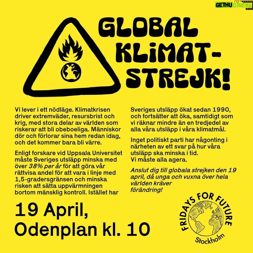 Greta Thunberg Instagram - GLOBAL CLIMATE STRIKE! In less than two weeks, we will again go out in a global climate strike! In Stockholm we meet up at 10AM on Odenplan for a march, followed by a program filled with speeches and music. We need YOU to show up and demand #ClimateJusticeNow with us!! See you there✊🔥🌏 Follow @fridaysforfuture.stockholm and @fridaysforfuture.swe for more information, and look up your local and national FFF group to find out more about where you can join or help organise a strike! GLOBAL KLIMATSTREJK! Om mindre än två veckor går vi återigen ut i en global klimatstrejk! I Stockholm träffas vi kl 10 på Odenplan för en marsch, följt av ett program fyllt med tal och musik. Vi behöver att just DU går med och drar med dina vänner till strejken för att kräva klimaträttvisa med oss!! Vi ses där✊🔥🌏 Följ @fridaysforfuture.stockholm och @fridaysforfuture.swe för mer information, och kolla upp din lokala och nationella FFF-grupp för att få veta mer om var du kan gå med eller hjälpa till att organisera en strejk! #FridaysForFuture #ClimateStrike #Klimatstrejk #SchoolStrike4Climate #PeopleNotProfit #TomorrowIsTooLate #NoMoreEmptyPromises