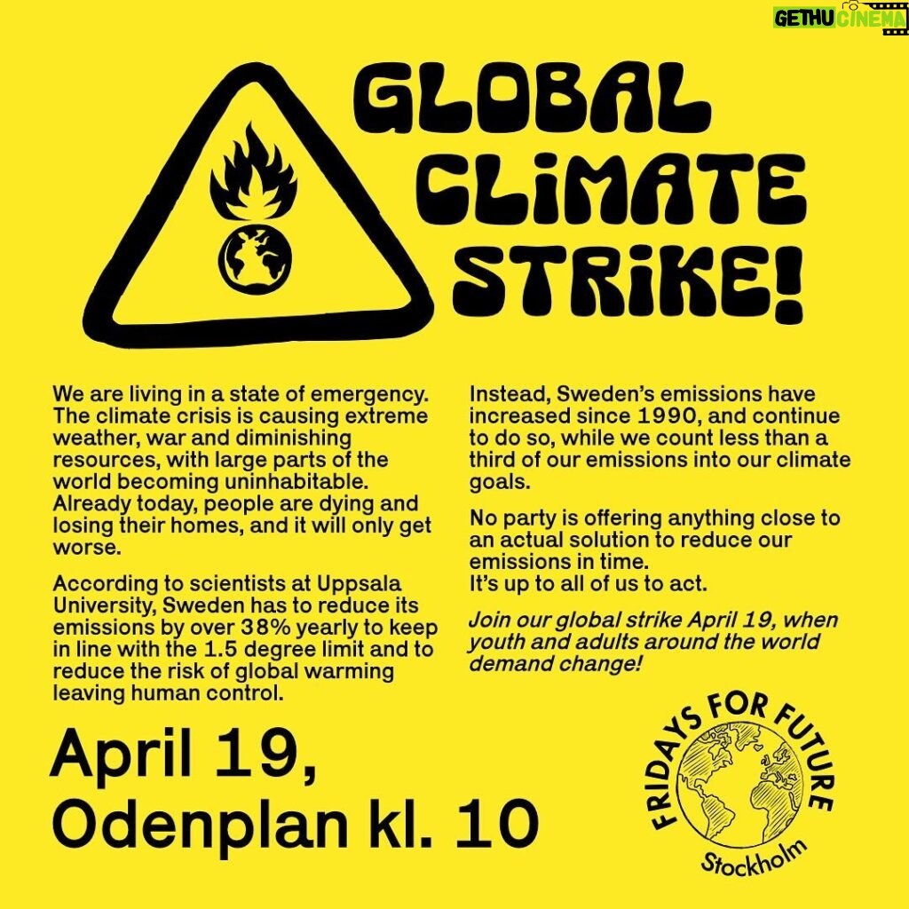 Greta Thunberg Instagram - GLOBAL CLIMATE STRIKE! In less than two weeks, we will again go out in a global climate strike! In Stockholm we meet up at 10AM on Odenplan for a march, followed by a program filled with speeches and music. We need YOU to show up and demand #ClimateJusticeNow with us!! See you there✊🔥🌏 Follow @fridaysforfuture.stockholm and @fridaysforfuture.swe for more information, and look up your local and national FFF group to find out more about where you can join or help organise a strike! GLOBAL KLIMATSTREJK! Om mindre än två veckor går vi återigen ut i en global klimatstrejk! I Stockholm träffas vi kl 10 på Odenplan för en marsch, följt av ett program fyllt med tal och musik. Vi behöver att just DU går med och drar med dina vänner till strejken för att kräva klimaträttvisa med oss!! Vi ses där✊🔥🌏 Följ @fridaysforfuture.stockholm och @fridaysforfuture.swe för mer information, och kolla upp din lokala och nationella FFF-grupp för att få veta mer om var du kan gå med eller hjälpa till att organisera en strejk! #FridaysForFuture #ClimateStrike #Klimatstrejk #SchoolStrike4Climate #PeopleNotProfit #TomorrowIsTooLate #NoMoreEmptyPromises