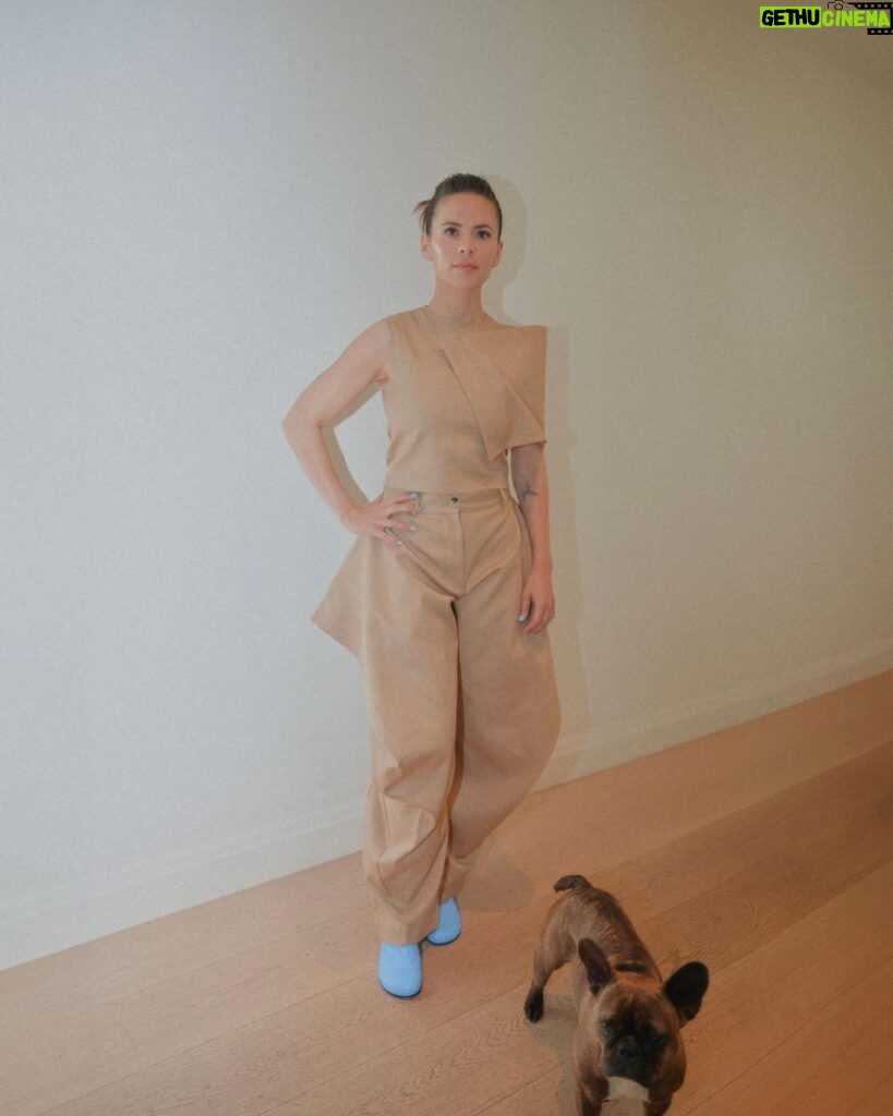 Hayley Atwell Instagram - Getting ready with Iris in this structured ensemble for @jw_anderson show this morning in London. I have been collecting Jonathan’s pieces for while now. His work is distinctive and nods to an exaggerated aesthetic with humour and masterful craftsmanship. It’s a pleasure to celebrate his new collection with him today. Now for the party! Thanks to this stellar team: @rosefordestudio @stefanbertin @wendyrowe And little Iris for all her cuteness 🐶