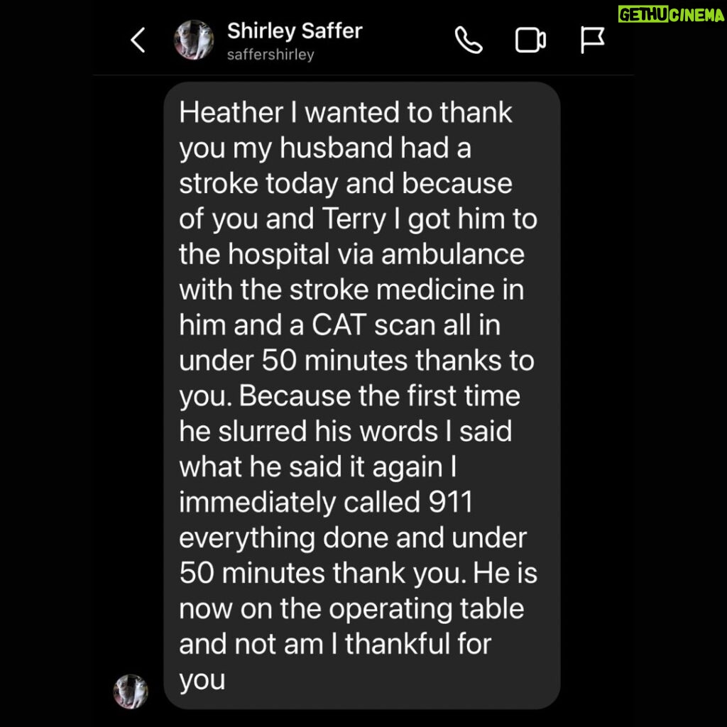 Heather Dubrow Instagram - When we shared Terry’s TIA experience, we were hoping we could save lives. We’ve received so many messages but this one in particular meant the world. ( swipe). ❤ I want to open the comments up to answer any questions, talk about YOUR experiences, and bring more awareness to TIA and strokes. ❤ Remember the warning signs … BE FAST( Balance , Eye focus, Facial drooping, Arms strength & can they lift overhead ?, Speech slur, TIME… get to the hospital!)