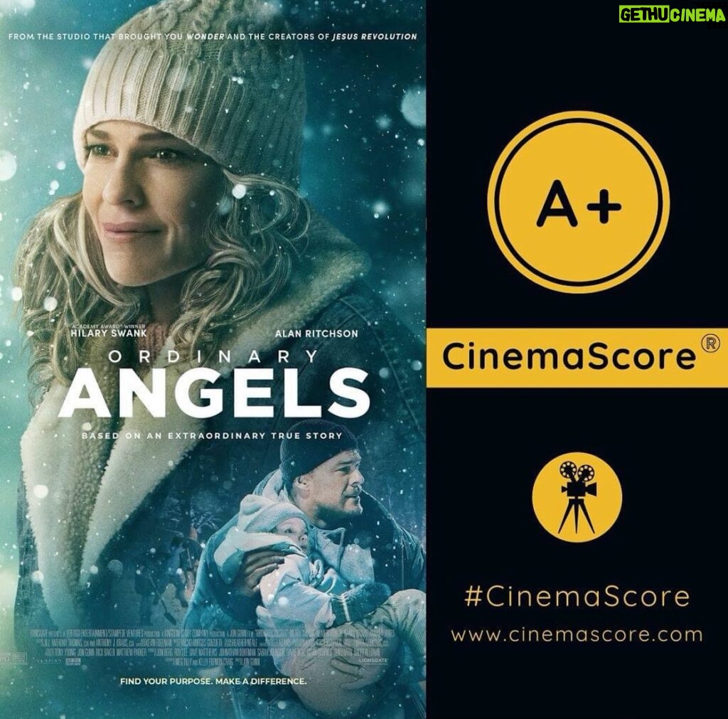 Hilary Swank Instagram - I just learned today that my movie @ordinaryangelsmovie with @alanritchson got an A cinema score. NONE of my movies have ever gotten this! I’m honored and grateful. It’s a powerful feel good inspiring story that I hope many can see. I personally guarantee laughter… and maybe a few tears! Check it out and let me know what you think!✨
