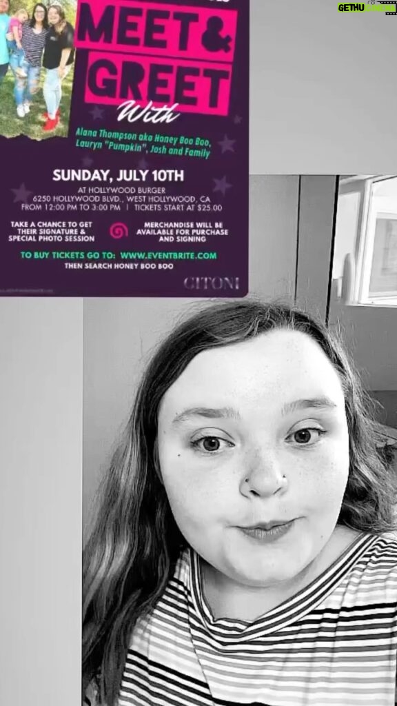 Honey Boo Boo Instagram - Come out and hang out with us this Sunday 7/10 at @hollywoodburger 12-3pm MEET & GREET with yours truly, @pumpkin @official_josh_efird @ellagraceefird @dralincarswell Can’t wait to meet you all!! Hollywood Burger 6250 Hollywood Blvd Hollywood CA Tickets on sale now at Eventbrite.com (Seafch HoneyBooBoo) or at the event!