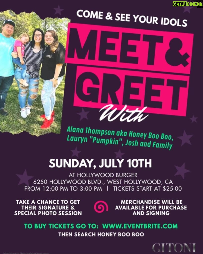 Honey Boo Boo Instagram - Come meet @pumpkin @official_josh_efird @ellagraceefird , myself and the kids this weekend!!! Date: Sunday, July 10th Time: 12-3pm Location: @hollywoodburger 6250 Hollywood Blvd, Hollywood *Cant wait to get pics with you all for the gram! 📸🤳❤️