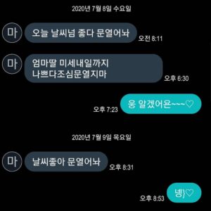 Hong Jin-young Instagram - 우리 엄마는 매일매일 미세먼지 예보를 해주신답니다ㅋㅋㄲㄱㄱ 캡쳐만 세장이지만 사실 엄마랑 문자는 99프로가 미세이야기 사실 매일통화도 하지만 통화 시작과 끝도 미세이야기ㅋㅋㅋ #미세먼지알리미가 #따로필요한가요 #최말순여사님이있는데 #우리엄마 #쨔랑해❤️ ㅋㅋㅋ