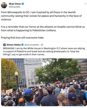 Ilhan Omar Instagram - From Minneapolis to DC, I am inspired by all those in the Jewish community raising their voices for peace and humanity in the face of violence. 

It is a reminder that our horror at the attacks on Israelis cannot blind us from what is happening to Palestinian civilians.

Praying that love will overcome hate.