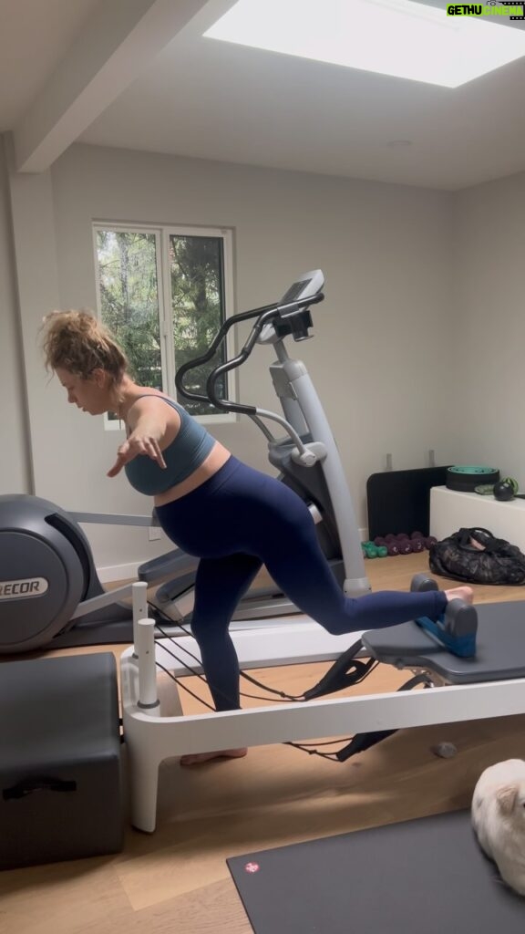 Iliza Shlesinger Instagram - This song’s chorus epitomizes how I’m feeling these last few weeks. Did some new moves today. These work outs are a lot of breaks, Tums, water and just the overall will to move. Tian Fu was there, just not actively participating. 💪 @alishamullally and I’m on the @balanced_body Allegro 2 Reformer