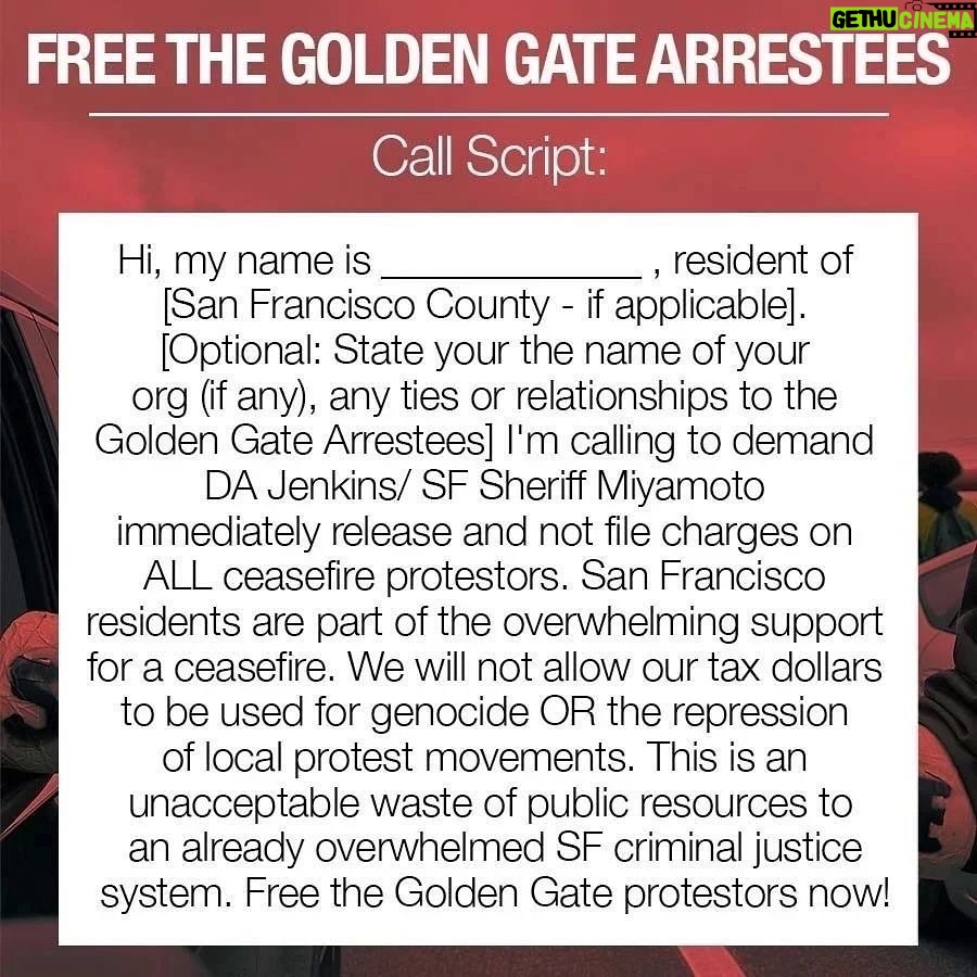 Indya Moore Instagram - ❤️‍🔥CALL TO ACTION: Protesters who shut down the Golden Gate Bridge to demand an end to the U.S.-funded genocide against the Palestinian people are STILL being held in SF jail. ☎️ Call DA Jenkins and Sheriff Miyamoto to demand their immediate release and demand that they not pursue charges against the courageous people of conscience.