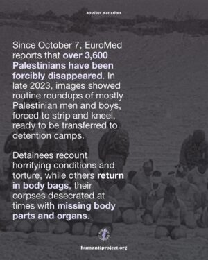Indya Moore Instagram - 🚨CALL TO ACTION: Palestinians Tortured in Israeli Concentration Camps 🚨

CNN has reported the torture and abuse of Palestinians in a concentration camp in the Negev desert.

“The beatings were not done to gather intelligence. They were done out of revenge. It was punishment for what they (the Palestinians) did on October 7 and punishment for behaviour in the camp”.

Whistleblower testimony describes doctors amputating prisoners’ limbs due to injuries sustained from constant handcuffing, medical procedures done without anaesthesia and at times carried out by under-qualified medics. Reports also detail how Israeli forces unleashed large dogs on sleeping detainees, lobbed a sound grenade as troops barged in, and subjected prisoners to psychological and physical abuse. A field hospital in the same camp tied detainees to their beds, dressed in diapers, and fed through straws.

The treatment of detained Palestinians in these camps is a continuation of the violent and humiliating tactics employed in the light of day in Gaza. Over the past 7 months, we have seen numerous circumstances of hundreds of Palestinians rounded up, stripped, bound and blindfolded in the streets, on the backs of trucks, and in large open spaces. Evidently, this dehumanising culture of abuse and terror is systemic in the IOF.

According to Euro-Med, over 3,600 Palestinians have been ‘forcibly disappeared’ from the Gaza Strip in 7 months. 

The reign of Israeli terror and human rights abuses MUST come to an end. 

👉 EMAIL YOUR ELECTED OFFICIAL NOW! USE THE FREE TEMPLATE IN @humantiproject’s bio or visit HumantiProject.org 👈