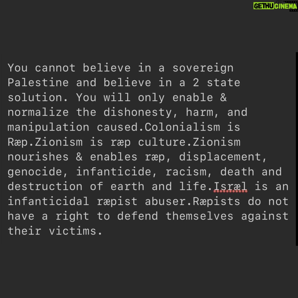 Indya Moore Instagram - People belong to the land - the land does not belong to people. The earth is the body and the body is the earth colonialism is ræp & ræp is colonialism. Reipists do not have rights to defend themselves against their resisting victims. Occupations do not have the right to defend themselves against those they occupy. when you are in partnership with an abuser, you are nurturing them, and enabling them to do more harm. This is what it is to be a Zsionist.