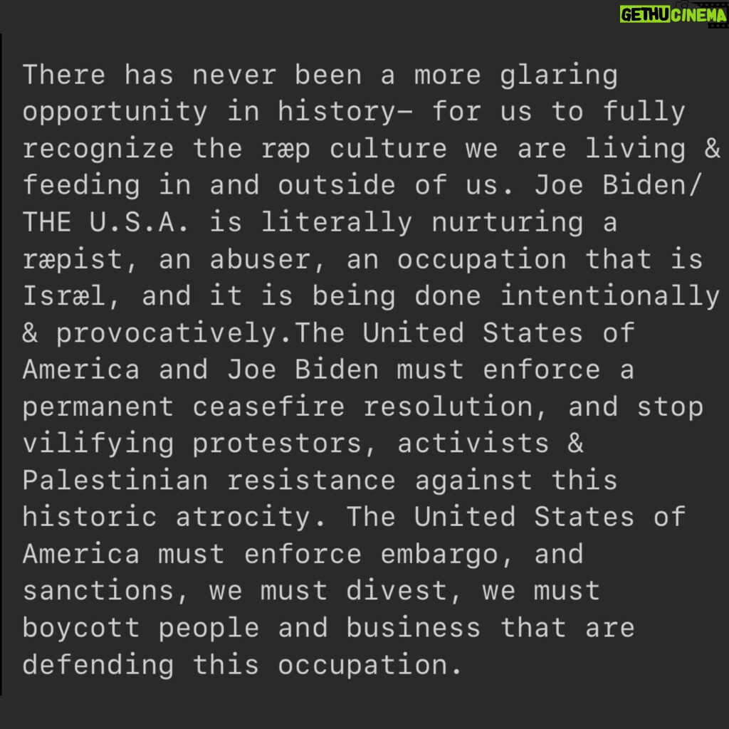 Indya Moore Instagram - People belong to the land - the land does not belong to people. The earth is the body and the body is the earth colonialism is ræp & ræp is colonialism. Reipists do not have rights to defend themselves against their resisting victims. Occupations do not have the right to defend themselves against those they occupy. when you are in partnership with an abuser, you are nurturing them, and enabling them to do more harm. This is what it is to be a Zsionist.