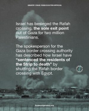 Indya Moore Instagram - 🚨 ISRAEL HAS BLOCKED THE RAFAH CROSSING - ACT NOW 🚨

Israel has initiated a deadly ground invasion into Rafah, resulting in the loss of hundreds of lives, including men, women, and children. Many leaders considered a Rafah incursion to be a “RED LINE” that Israel must not cross, why are they silent?

After issuing evacuation orders for Rafah, many Palestinians fled to Nuseirat camp, which has subsequently been shelled by Israeli military - hitting children. Israel has also besieged the Rafah crossing, the sole exit point for two million people in Gaza. The spokesperson for the Gaza border crossing authority has described how Israel has “sentenced the residents of the Strip to death” by shutting the Rafah border crossing with Egypt. This is a deliberate act by Israel to stop all aid into the strip, once again irrefutably proving their desire to starve Gaza to death.

👉 EMAIL YOUR ELECTED OFFICIAL NOW! USE THE FREE TEMPLATE IN @humantiproject’s BIO 👈