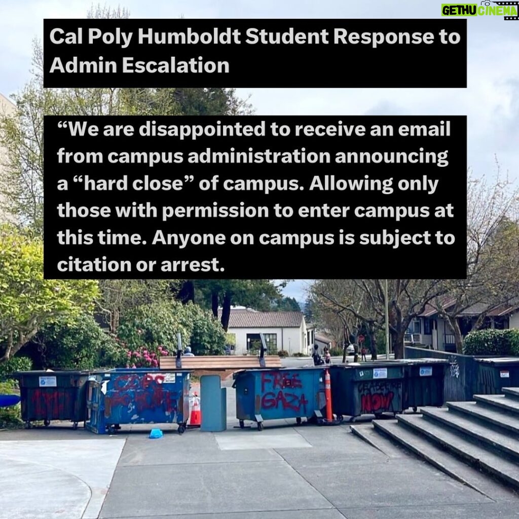 Indya Moore Instagram - Demand Cal Poly Humboldt president and administration stand down! ☎️ 707.826.3311 & 562.951.4000 📧 mailto:president@humboldt.edu & csu-chancellor@calstate.edu Cal Poly Humboldt Student Response to Admin Escalation We are disappointed to receive an email from campus administration announcing a “hard close” of campus. Allowing only those with permission to enter campus at this time. Anyone on campus is subject to citation or arrest. Police were present at the time the email went out, setting up concrete barriers at all campus entrances. Students living on campus are restricted to their dorms and residential areas. We have and remain to be a peaceful protest. In negotiations with administration yesterday we were given the impression that negotiations would continue however, they have recently informed us that they refuse to negotiate further. We are concerned for the potential of police escalation at this time. We showed good faith in our negotiations and deescalation yesterday by reopening Siemens Hall. Administration has not kept their end of the agreement. We love and care for our community and continue to stand in solidarity with other campuses for a free Palestine. Shame on administration for silencing the free speech of our brave students. We, as ever, are not afraid.