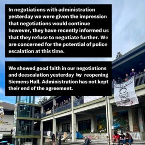 Indya Moore Instagram - Demand Cal Poly Humboldt president and administration stand down! 

☎️ 707.826.3311 & 562.951.4000
📧 mailto:president@humboldt.edu & csu-chancellor@calstate.edu

Cal Poly Humboldt Student Response to Admin Escalation 

We are disappointed to receive an email from campus administration announcing a “hard close” of campus. Allowing only those with permission to enter campus at this time. Anyone on campus is subject to citation or arrest. 

Police were present at the time the email went out, setting up concrete barriers at all campus entrances. Students living on campus are restricted to their dorms and residential areas. 

We have and remain to be a peaceful protest. In negotiations with administration yesterday we were given the impression that negotiations would continue however, they have recently informed us that they refuse to negotiate further. 

We are concerned for the potential of police escalation at this time. We showed good faith in our negotiations and deescalation yesterday by reopening Siemens Hall. Administration has not kept their end of the agreement. 

We love and care for our community and continue to stand in solidarity with other campuses for a free Palestine. 

Shame on administration for silencing the free speech of our brave students. 

We, as ever, are not afraid.